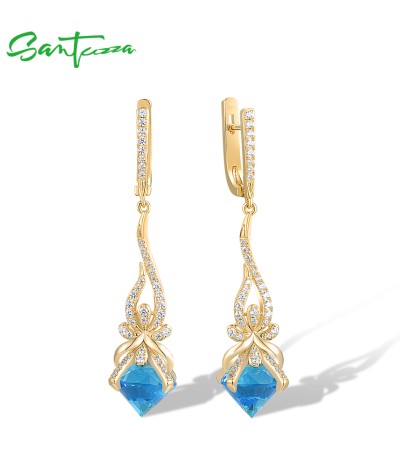 SANTUZZA 925 Sterling Silver Dangling Earrings White CZ Blue Stone Jewelry