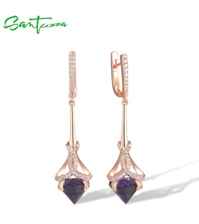 SANTUZZA 925 Sterling Silver Dangling Earrings White CZ Purple Stone Jewelry