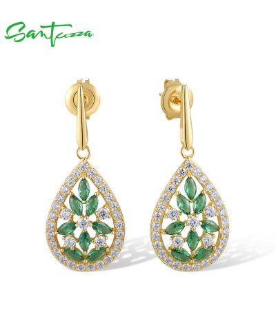 SANTUZZA 925 Sterling Silver Drop Earrings Green Spinel White CZ Jewelry