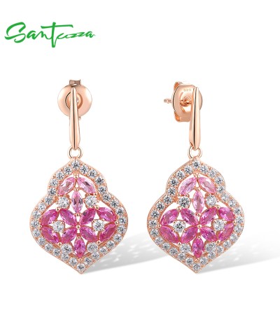 SANTUZZA 925 Sterling Silver Drop Earrings White CZ Created Pink Sapphire Jewelry
