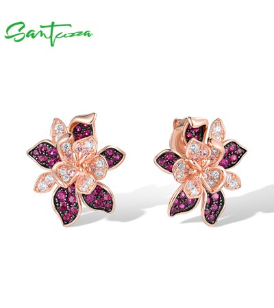 SANTUZZA 925 Sterling Silver Earrings Created Ruby Pink Sapphire Flower Jewelry