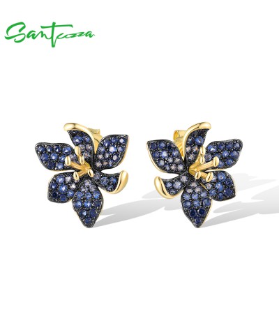 SANTUZZA 925 Sterling Silver Earrings Blue Spinel Created Sapphire Gorgeous Flower Jewelry