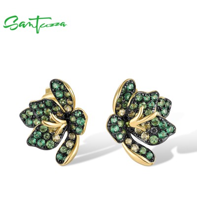 SANTUZZA 925 Sterling Silver Earrings Green Spinel Exaggerate Lili Flower Jewelry