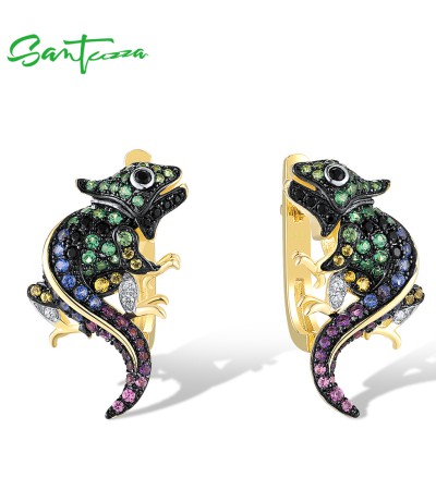 SANTUZZA 925 Sterling Silver Earrings Multi Color Gems Chameleon Animal Fine Jewelry