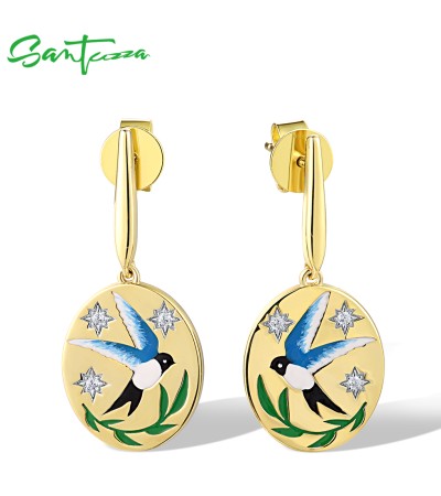 SANTUZZA 925 Sterling Silver Drop Earrings White Blue Bird Enamel Jewelry