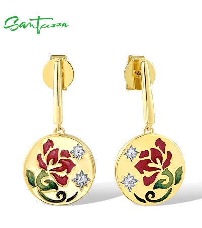 SANTUZZA 925 Sterling Silver Drop Earrings Sparkling White CZ Red Flower Enamel Jewelry