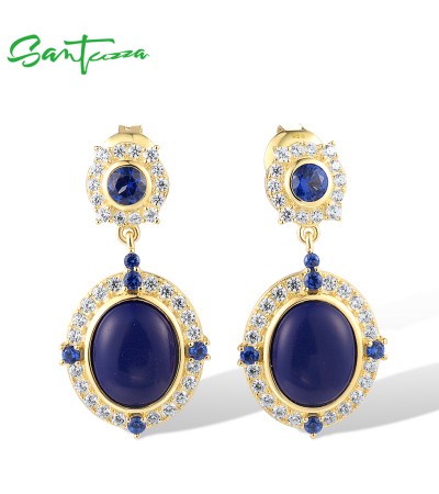 SANTUZZA 925 Sterling Silver Drop Earrings White Blue CZ Created Lapis Jewelry