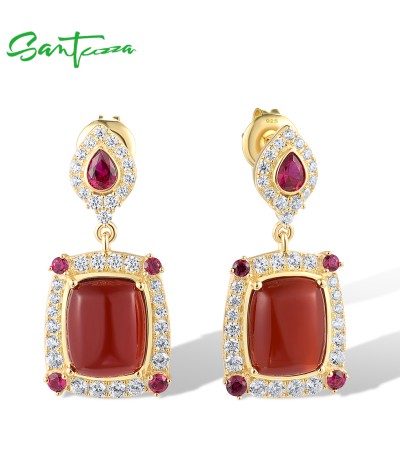 SANTUZZA 925 Sterling Silver Drop Earrings White CZ Dyed Red Agate Jewelry
