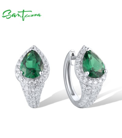 SANTUZZA 925 Sterling Silver Hoop Earrings White CZ Green Spinel Jewelry