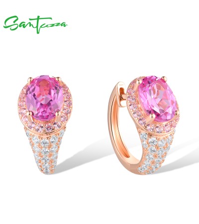 SANTUZZA Real 925 Sterling Silver Hoop Earrings White CZ Created Pink Sapphire Jewelry