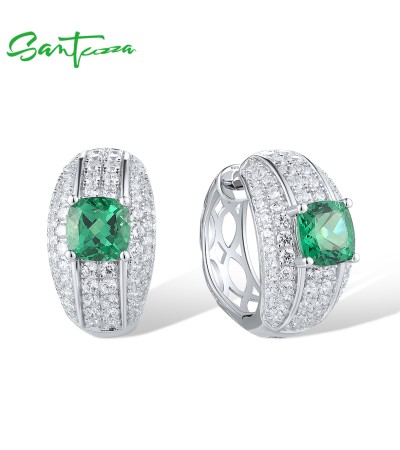 SANTUZZA 925 Sterling Silver Loop Earrings White CZ Green Spinel Jewelry