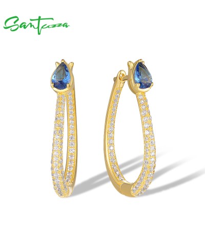 SANTUZZA 925 Sterling Silver Loop Earrings Sparkling White CZ Blue Spinel Jewelry