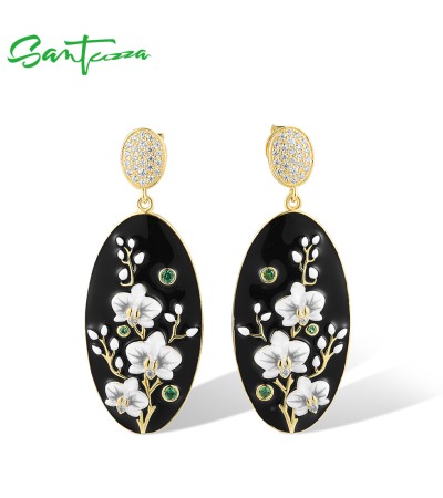 SANTUZZA 925 Sterling Silver Drop Earrings CZ White Flower Antique Style Jewelry Enamel