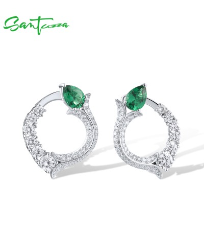 SANTUZZA 925 Sterling Silver Stud Earrings White CZ Green Spinel Drop Round Jewelry