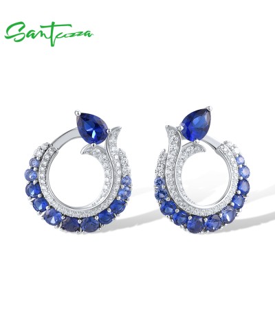 SANTUZZA 925 Sterling Silver Drop Earrings White CZ Blue Spinel Round Jewelry