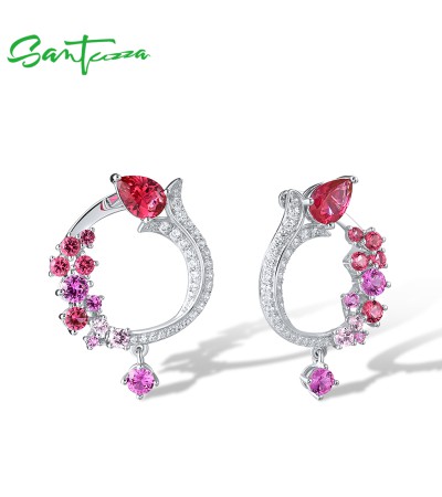 SANTUZZA Pure 925 Sterling Silver Drop Earrings White CZ Red Crystal Jewelry
