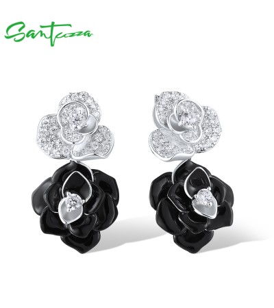 SANTUZZA 925 Sterling Silver Drop Earrings White CZ Elegant Black&White Flower Enamel Jewelry