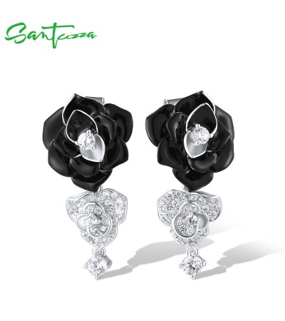 SANTUZZA 925 Sterling Silver Drop Earrings White CZ Black&White Chic Flower Enamel Jewelry