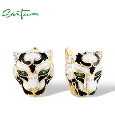 SANTUZZA 925 Sterling Silver Earrings Green Spinel White Black Leopard Enamel Fine Jewelry