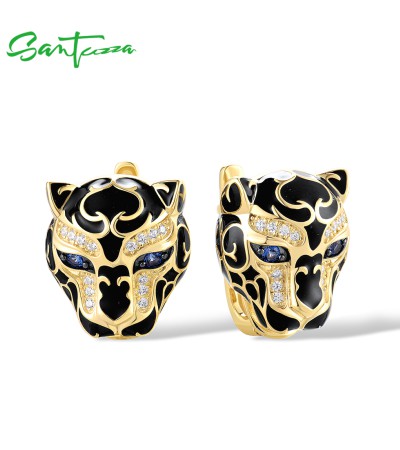 SANTUZZA 925 Sterling Silver Black Leopard Earrings Green Spinel Enamel Fine Jewelry