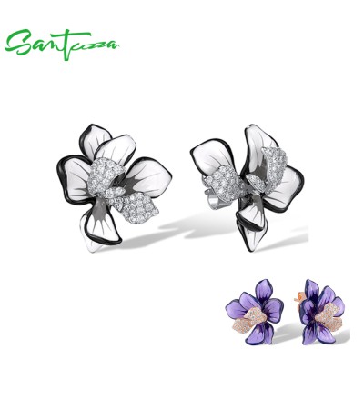 SANTUZZA 925 Sterling Silver Stud Earrings For Women Sparkling Purple & White Enamel Flower Jewelry - White  Enamel