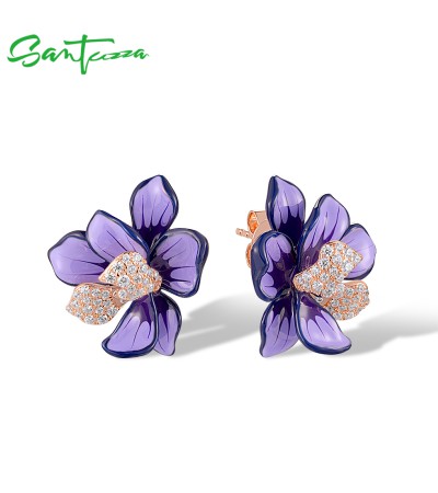 SANTUZZA 925 Sterling Silver Stud Earrings For Women Sparkling Purple & White Enamel Flower Jewelry - Purple Enamel