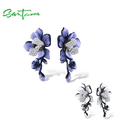 SANTUZZA 925 Sterling Silver Stud Earrings Sparkling Purple & White Enamel Flower Jewelry - White  Enamel