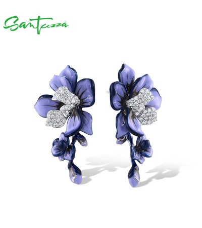 SANTUZZA 925 Sterling Silver Stud Earrings Sparkling Purple & White Enamel Flower Jewelry - Purple Enamel