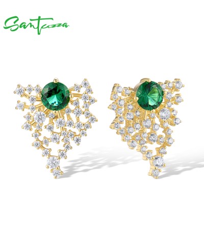 SANTUZZA 925 Sterling Silver Stud Earrings Sparkling Green White Cubic Zirconia Jewelry