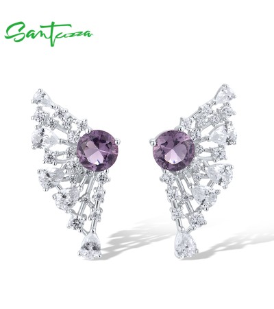 SANTUZZA 925 Sterling Silver Earrings Sparkling White/Purple Cubic Zirconia Jewelry