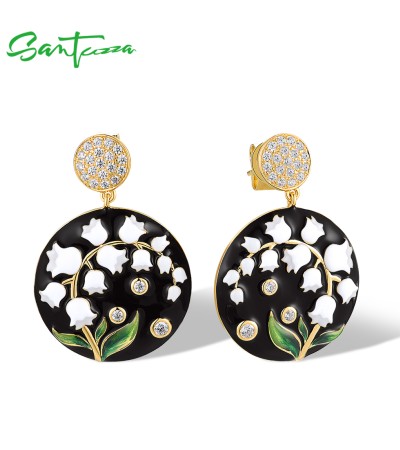 SANTUZZA 925 Sterling Silver Drop Earrings White Flower Vintage Jewelry Enamel