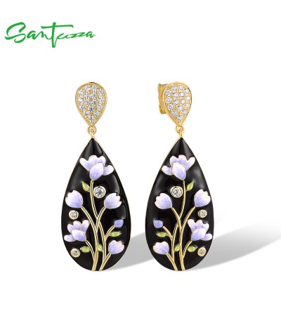 SANTUZZA 925 Sterling Silver Drop Earrings Orchid Enamel Jewelry
