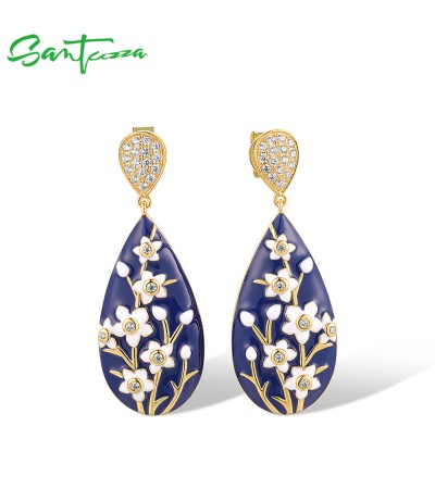 SANTUZZA 925 Sterling Silver Drop Earrings White CZ Flower Enamel Jewelry