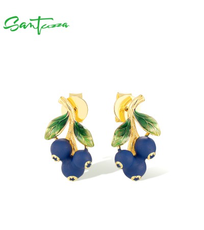 SANTUZZA 925 Sterling Silver Drop Earrings Enamel Blueberries Pomegranate Fruits Jewelry