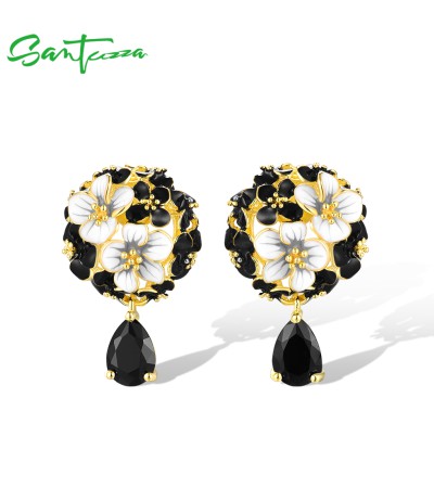 SANTUZZA 925 Sterling Silver Drop Earrings White&Black Flower Enamel Jewelry