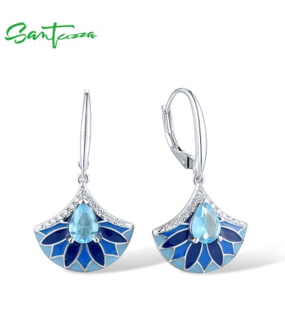 SANTUZZA 925 Sterling Silver Drop Earrings White CZ Blue Stone Fan Shape Jewelry