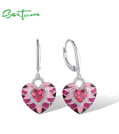 SANTUZZA 925 Sterling Silver Dangling Earrings Pink Stone Cute Heart Jewelry
