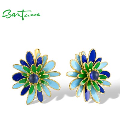 SANTUZZA  925 Sterling Silver Earrings Green Black Enamel Lovely Daisy Flower Gifts Fine Jewelry - Green  Enamel