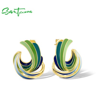 SANTUZZA 925 Sterling Silver Stud Earrings Green Enamel Twisted Pattern Irregular Jewelry