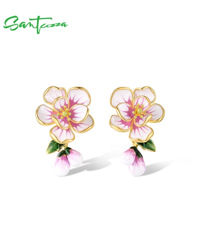 SANTUZZA 925 Sterling Silver Stud Earrings Fancy Pink Flower Drop Jewelry