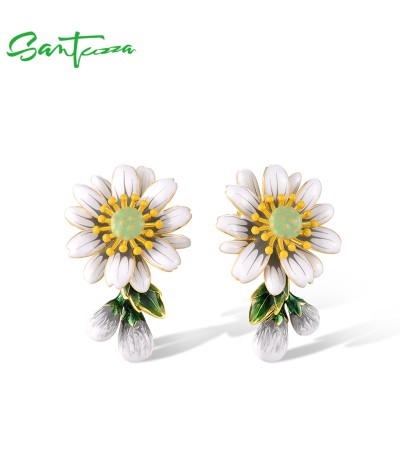 SANTUZZA 925 Sterling Silver Stud Earrings Sparkling Fancy Sun Flower Drop Jewelry