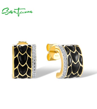 SANTUZZA 925 Sterling Silver Earrings White CZ Black Enamel Neutral Style Jewelry