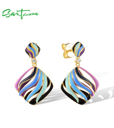 SANTUZZA 925 Sterling Silver Drop Earrings Multi-Color Enamel Ribbon Jewelry
