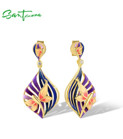 SANTUZZA 925 Sterling Silver Drop Earrings Sparkling Multi-Color Enamel Jewelry