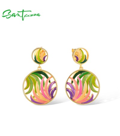 SANTUZZA 925 Sterling Silver Earrings Colorful Ribbon Pattern Hollow Dangle Jewelry - Green  Enamel