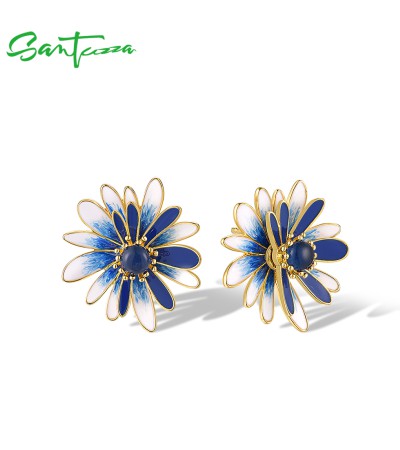 SANTUZZA 925 Sterling Silver Earrings Blue White Enamel Daisy Flower Jewelry