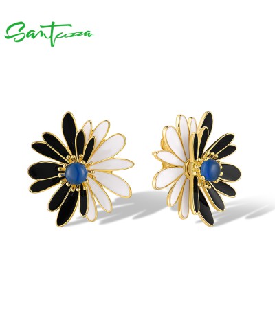 SANTUZZA 925 Sterling Silver Earrings White Black Enamel Cute Daisy Flower Jewelry