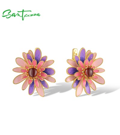 SANTUZZA 925 Sterling Silver Earrings Purple & Pink Enamel Romantic Daisy Jewelry