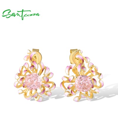 SANTUZZA 925 Sterling Silver Earrings Pink Cubic Zirconia Cornflower Enamel Jewelry