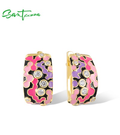 SANTUZZA 925 Sterling Silver Latch Back Earrings Enamel Mosaic Irregular Jewelry